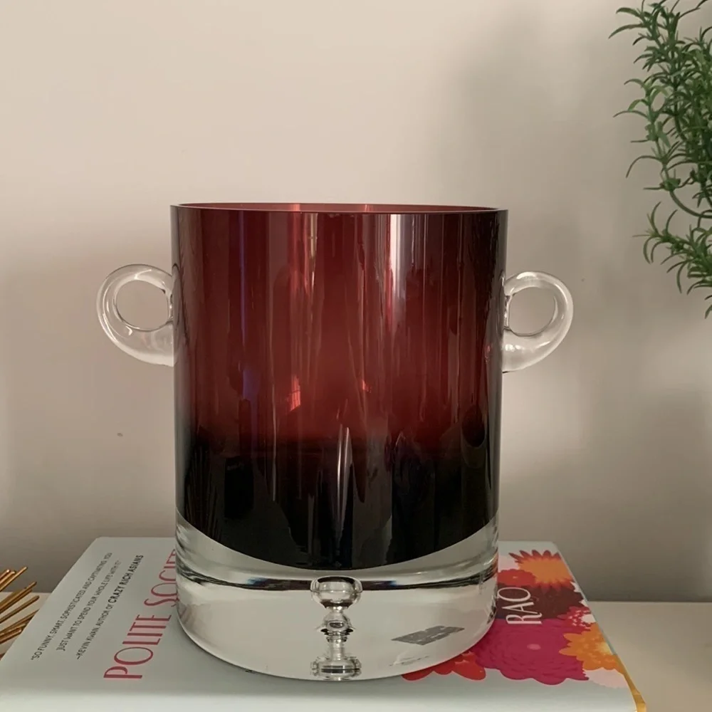 MCM Krosno Poland Block Art Glass With handles Vase‎ Purple Clear Base Bubble